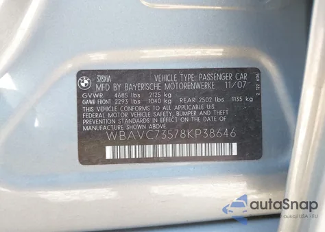 2008 BMW 328Xi from USA, damaged, VIN WBAVC73578KP38646